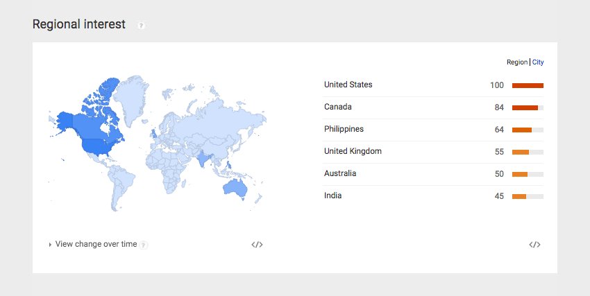 Regional interest, as seen on Google Trends